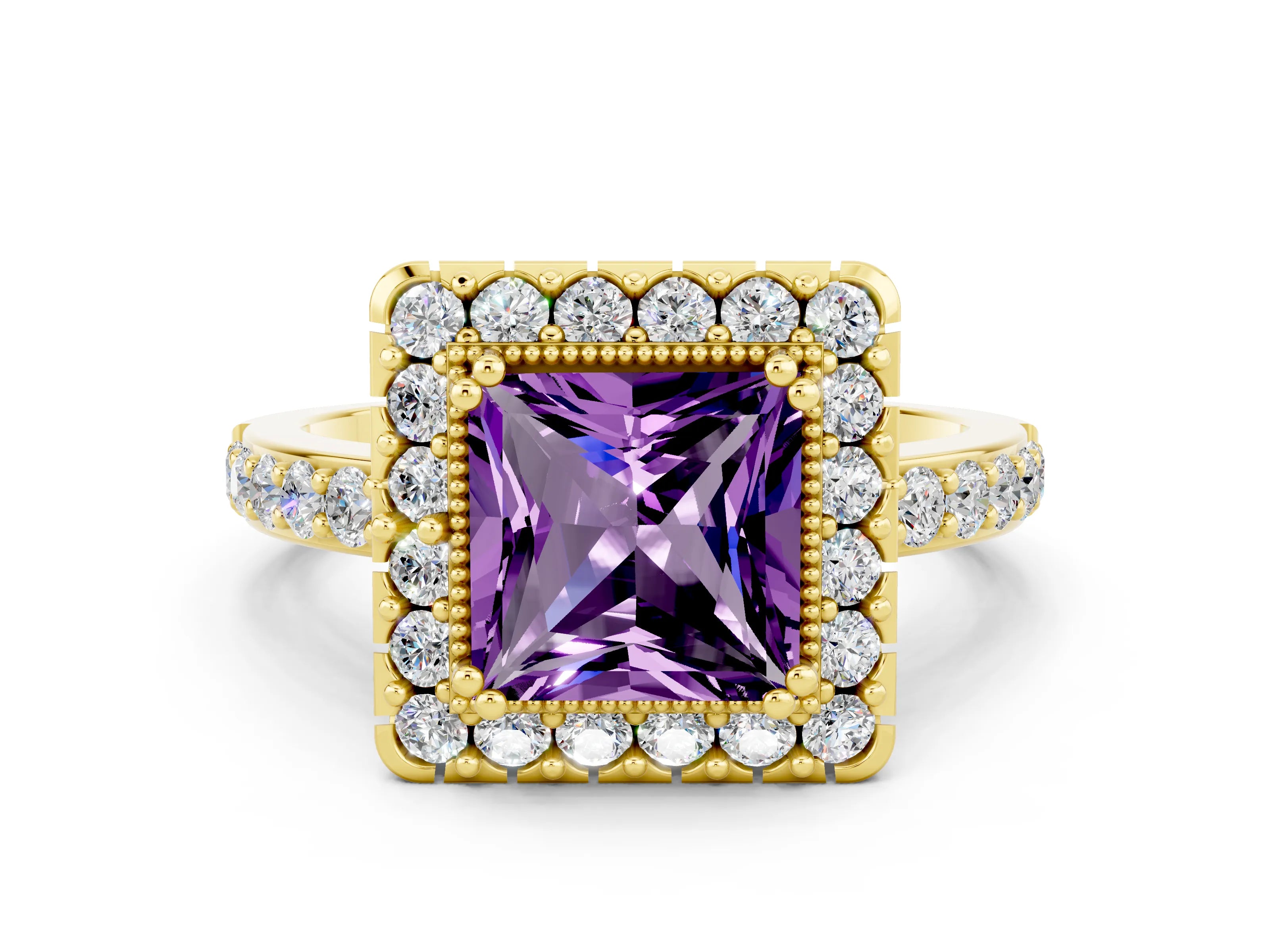 Yellow gold Princess Cut Diamond Halo Ring with Pavé Band and Prong Setting