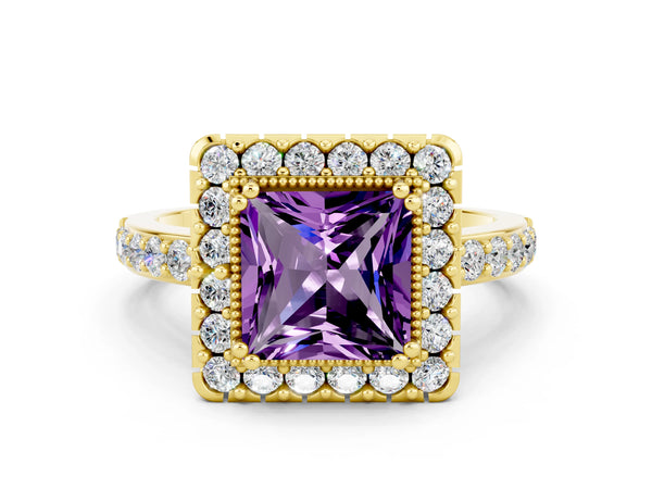 Yellow gold Princess Cut Amethyst Halo Ring with Pavé Band and Prong Setting