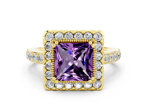 Yellow gold Princess Cut Diamond Halo Ring with Pavé Band and Prong Setting