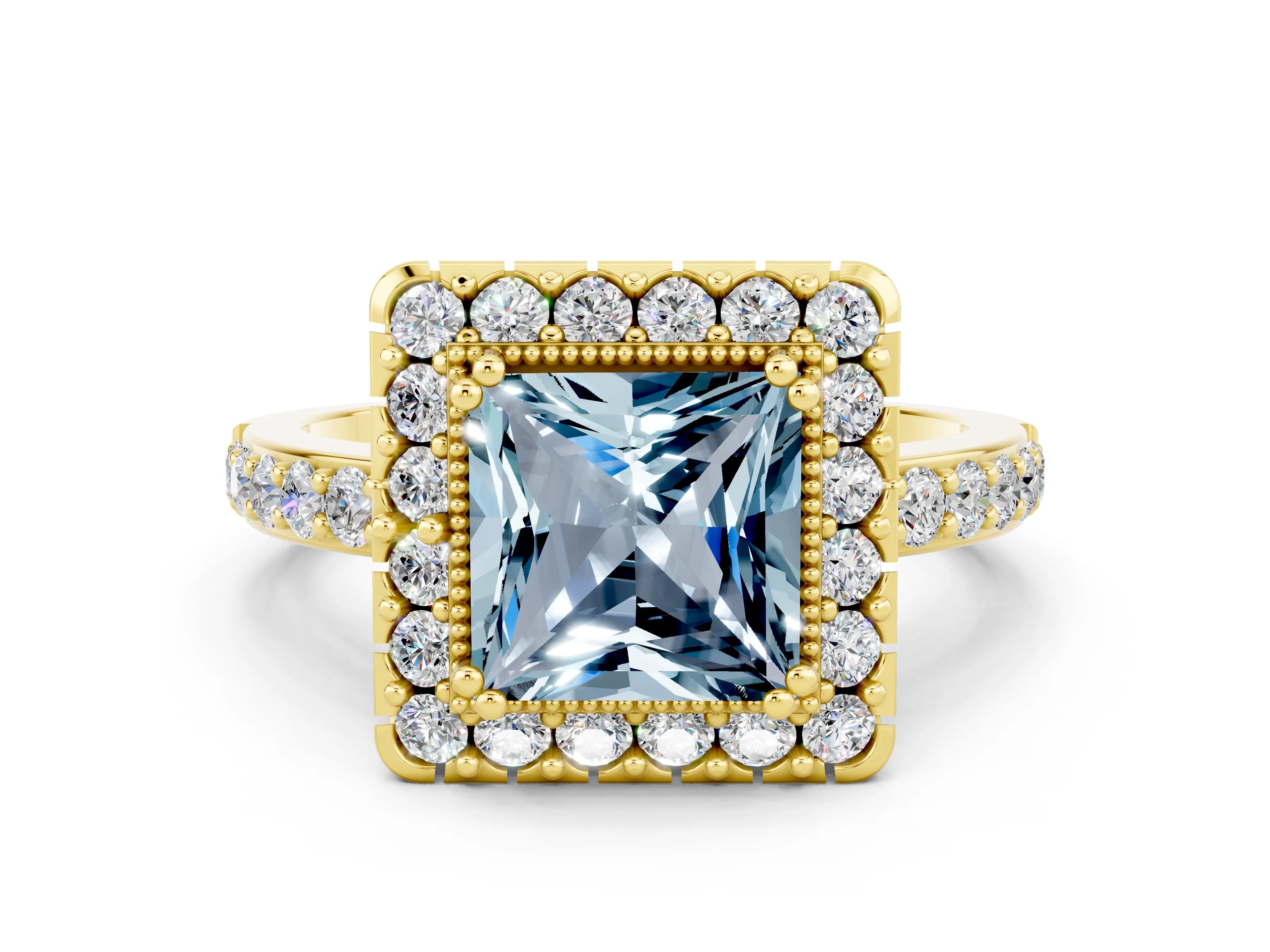 Yellow gold Princess Cut Diamond Halo Ring with Pavé Band and Prong Setting