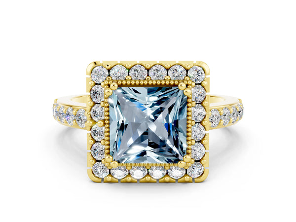 Yellow gold Princess Cut Aquamarine Halo Ring with Pavé Band and Prong Setting