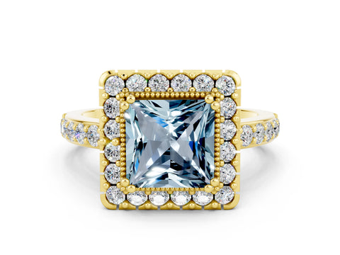 Yellow gold Princess Cut Diamond Halo Ring with Pavé Band and Prong Setting