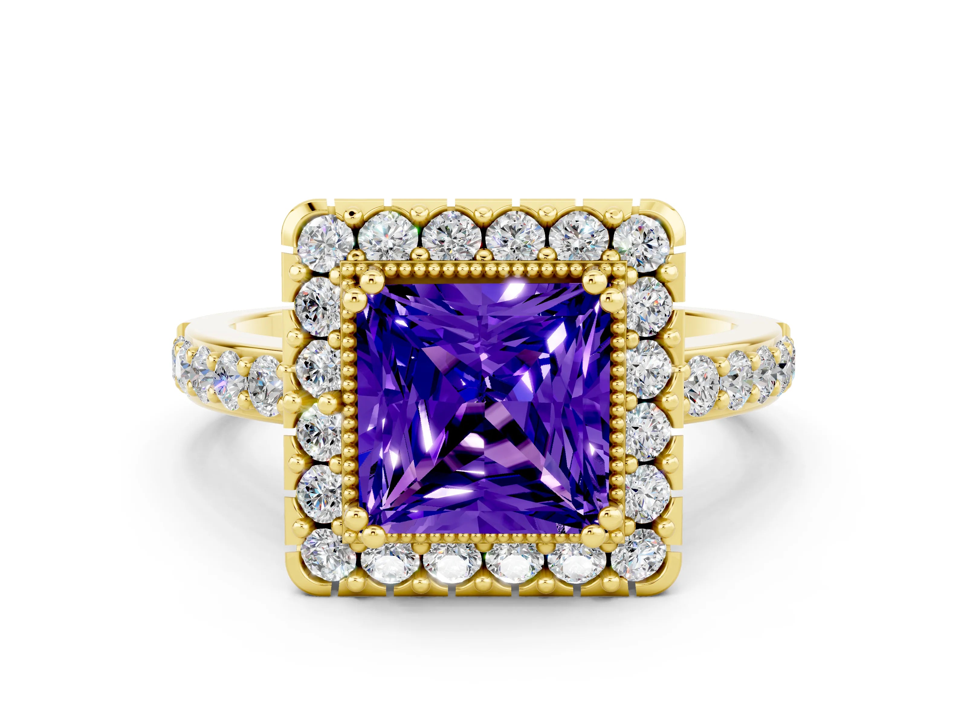 Yellow gold Princess Cut Diamond Halo Ring with Pavé Band and Prong Setting