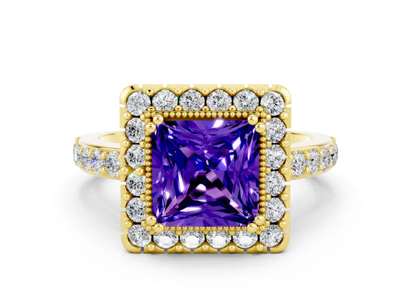 Yellow gold Princess Cut Tanzanite Halo Ring with Pavé Band and Prong Setting