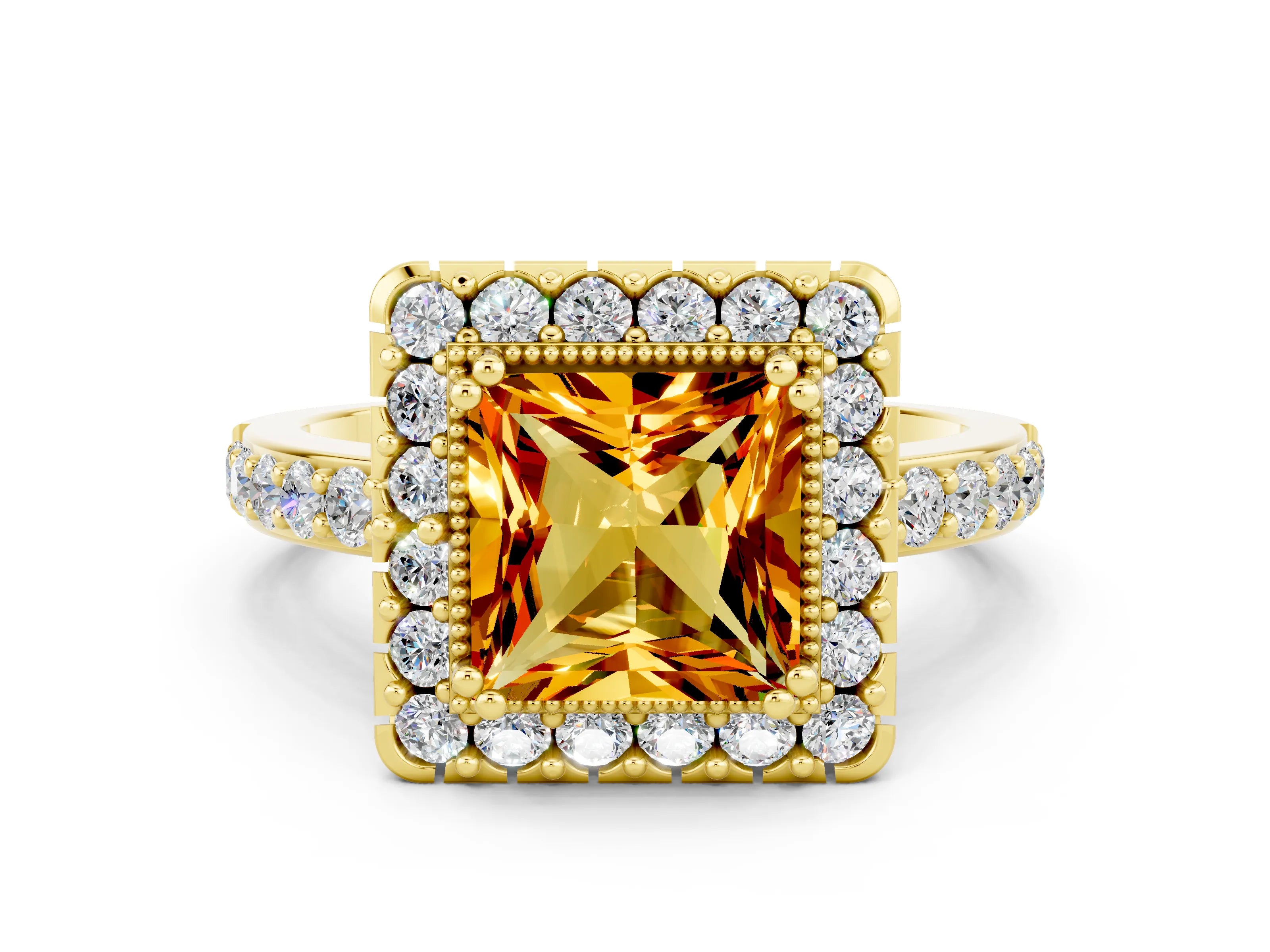 Yellow gold Princess Cut Diamond Halo Ring with Pavé Band and Prong Setting