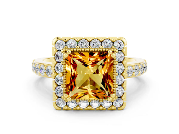 Yellow gold Princess Cut Citrine Halo Ring with Pavé Band and Prong Setting