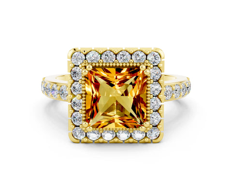 Yellow gold Princess Cut Diamond Halo Ring with Pavé Band and Prong Setting