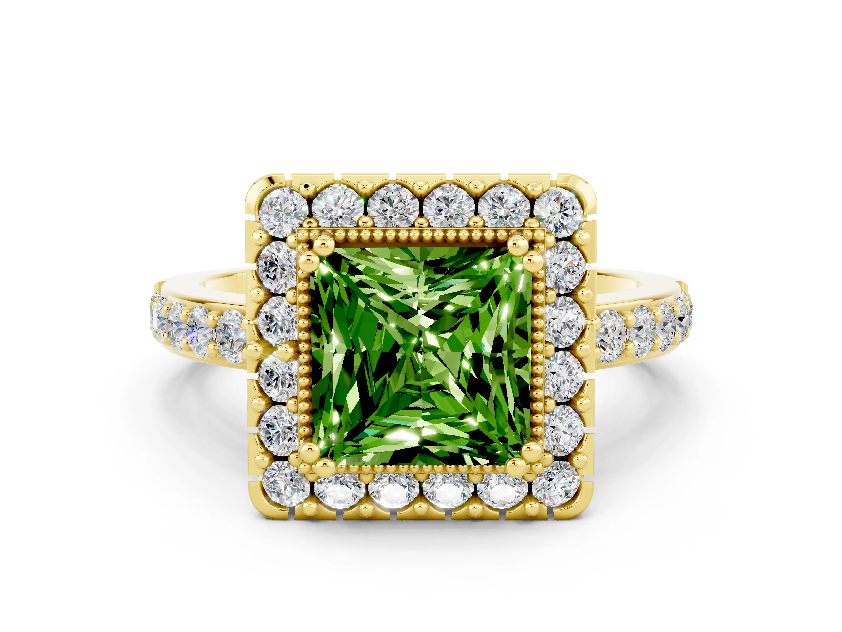 Yellow gold Princess Cut Diamond Halo Ring with Pavé Band and Prong Setting