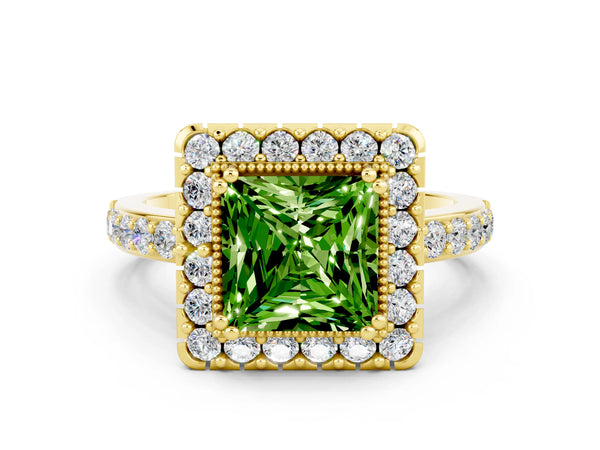 Yellow gold Princess Cut Peridot Halo Ring with Pavé Band and Prong Setting