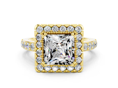 Yellow gold Princess Cut Diamond Halo Ring with Pavé Band and Prong Setting