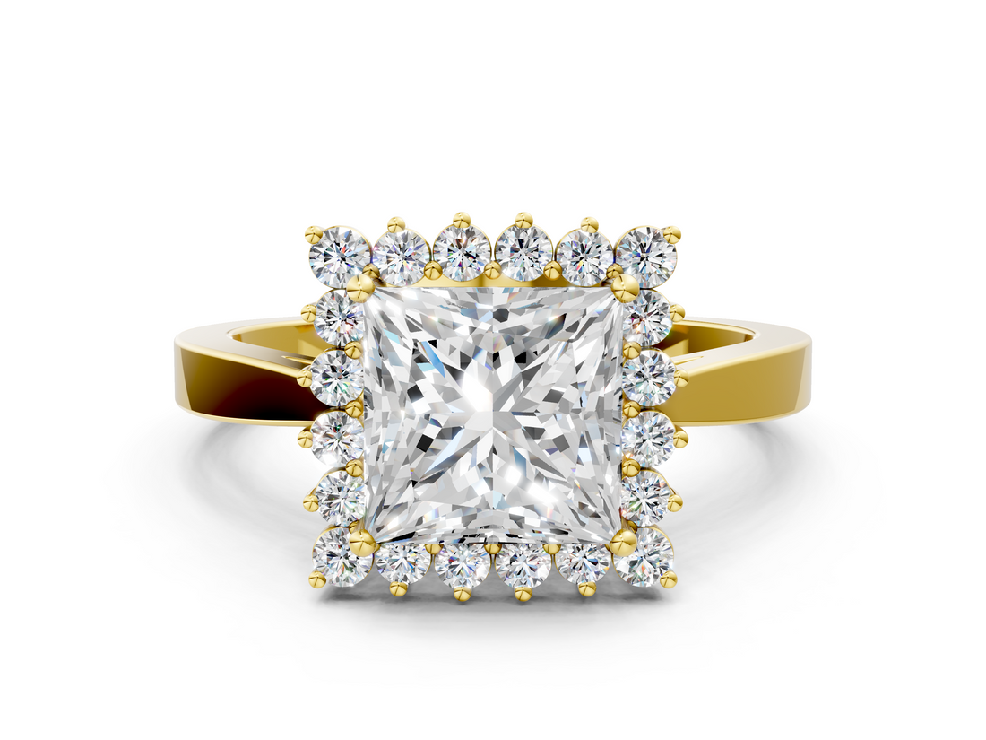 Yellow gold Princess Cut Diamond Halo Ring with Round Brilliant Halo and Solitaire Band_104
