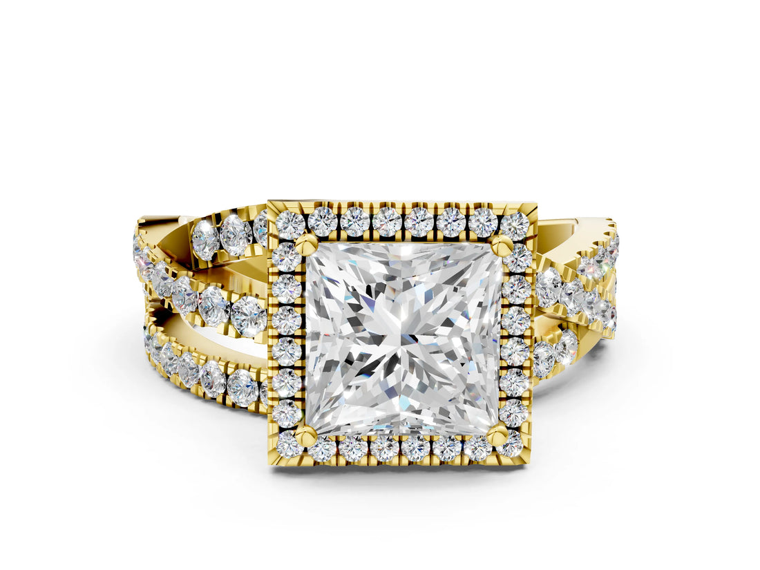 Yellow gold Princess Cut Diamond Halo Ring with Round Split Shank and Prong Setting_36