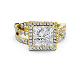 Yellow gold Princess Cut Diamond Halo Ring with Round Split Shank and Prong Setting_36
