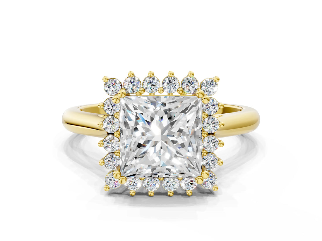 Yellow gold Princess Cut Diamond Halo Ring with Solitaire Band and Prong Setting_89