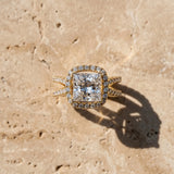 Yellow gold Princess Cut Diamond Halo Ring with Split Shank Pavé Band and Prong Setting_123