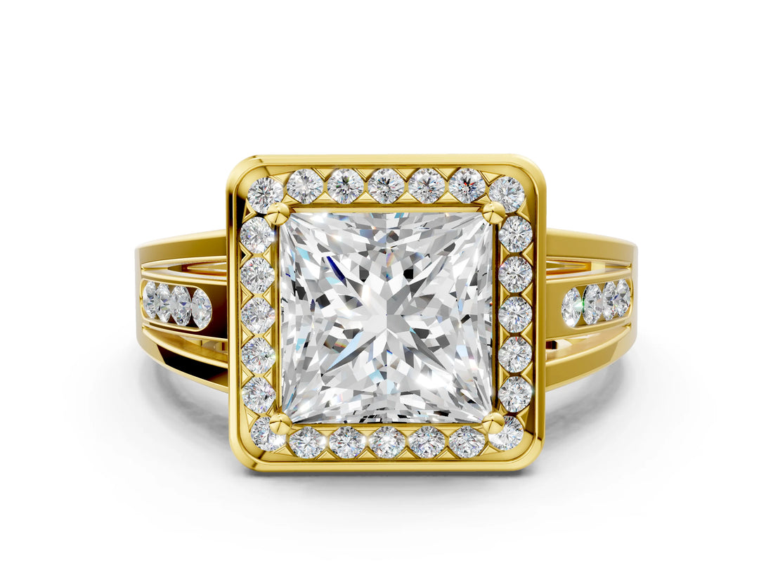 Yellow gold Princess Cut Diamond Halo Ring with Split Shank and Bezel Accents and Prong Setting_10