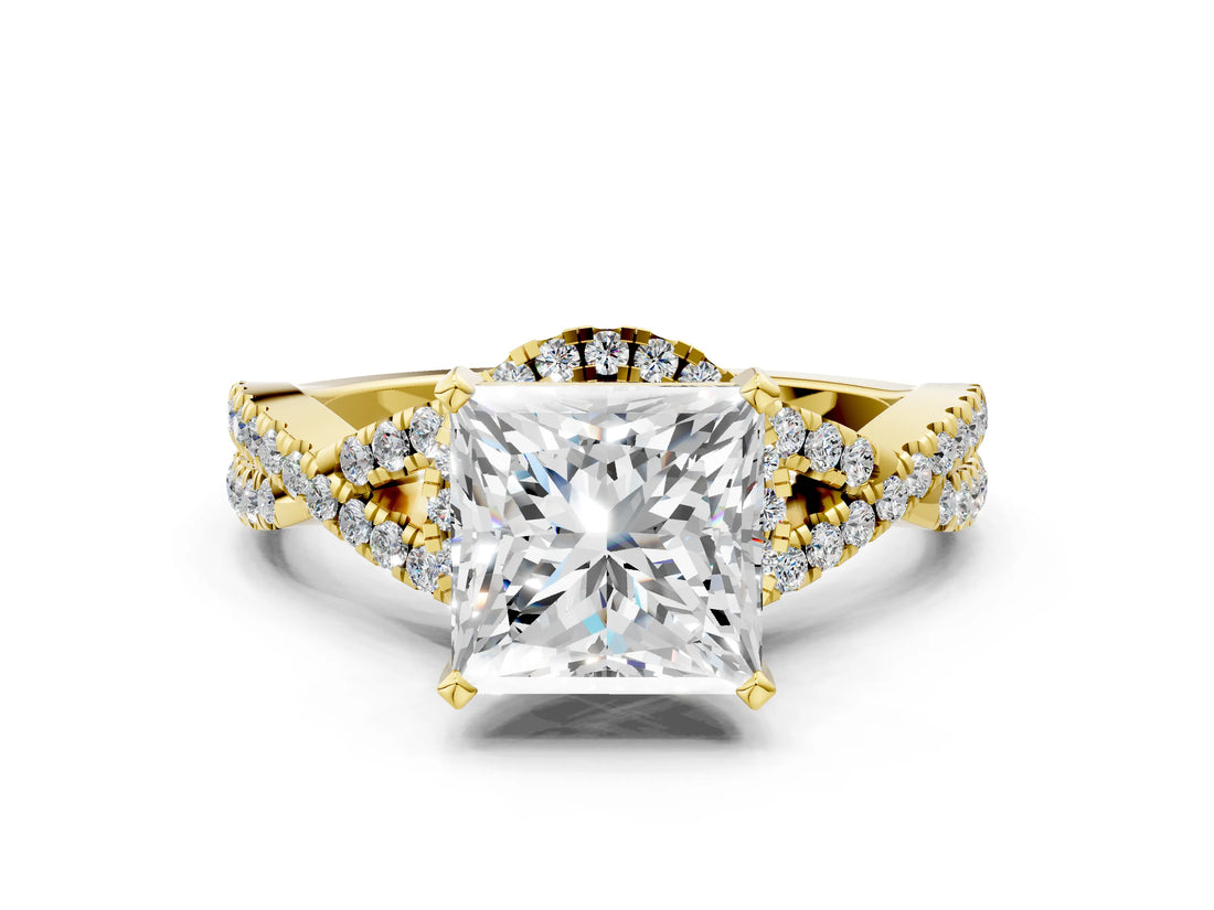 Yellow gold Princess Cut Diamond  Halo Twist Band Solitaire Prong Setting Ring_107