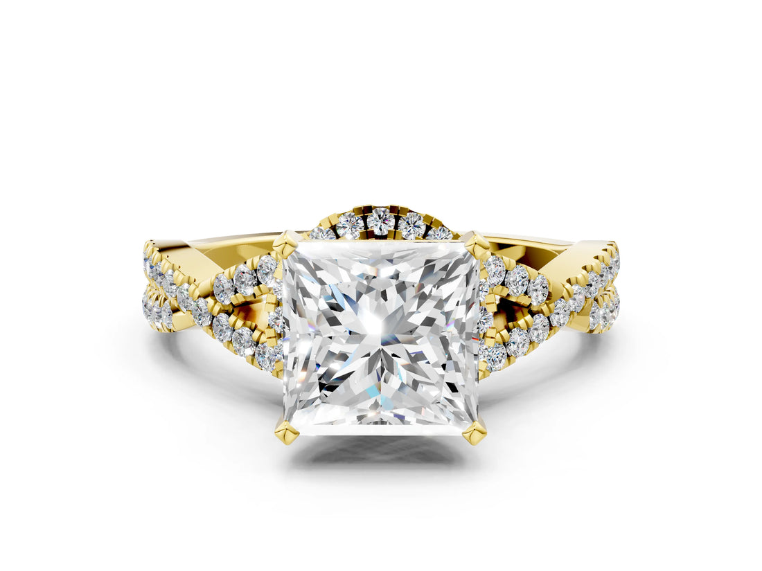 Yellow gold Princess Cut Diamond  Halo Twist Band Solitaire Prong Setting Ring_48
