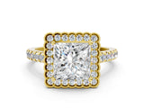 Yellow gold Princess Cut Diamond Milgrain Floral Halo Engagement Ring with Pavé Band_21