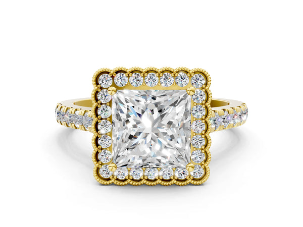 Yellow gold Princess Cut Diamond Milgrain Floral Halo Engagement Ring with Pavé Band