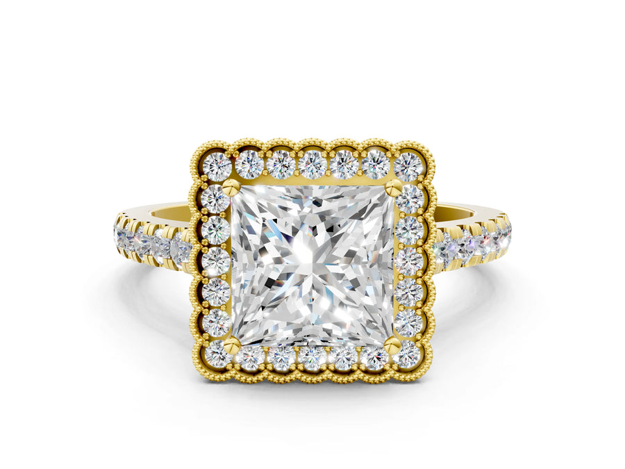 Yellow gold Princess Cut Diamond Milgrain Floral Halo Engagement Ring with Pavé Band