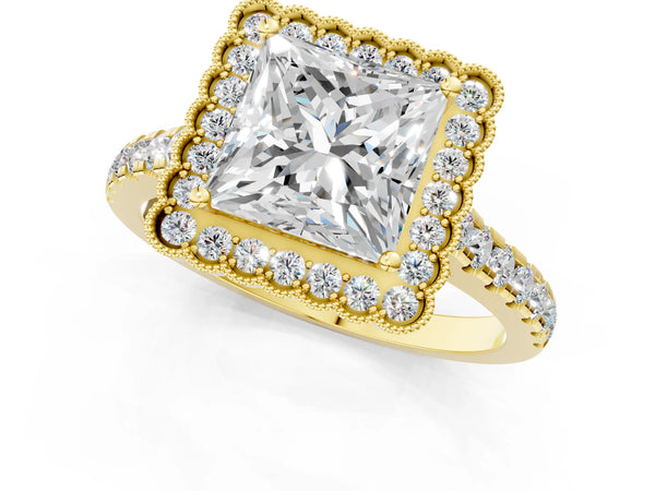 Yellow gold Princess Cut Diamond Milgrain Floral Halo Engagement Ring with Pavé Band
