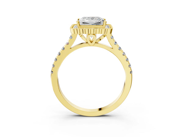 Yellow gold Princess Cut Diamond Milgrain Floral Halo Engagement Ring with Pavé Band