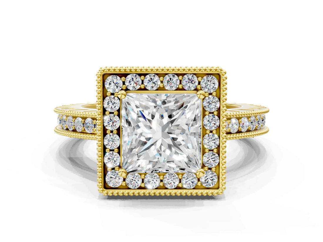 Yellow gold Princess Cut Diamond Milgrain Halo Engagement Ring with Round Pavé Band and Prong Setting_16