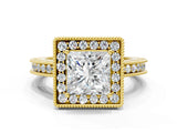 Yellow gold Princess Cut Diamond Milgrain Halo Engagement Ring with Round Pavé Band and Prong Setting_16