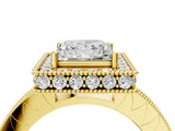 Yellow gold Princess Cut Diamond Milgrain Halo Engagement Ring with Round Pavé Band and Prong Setting_20
