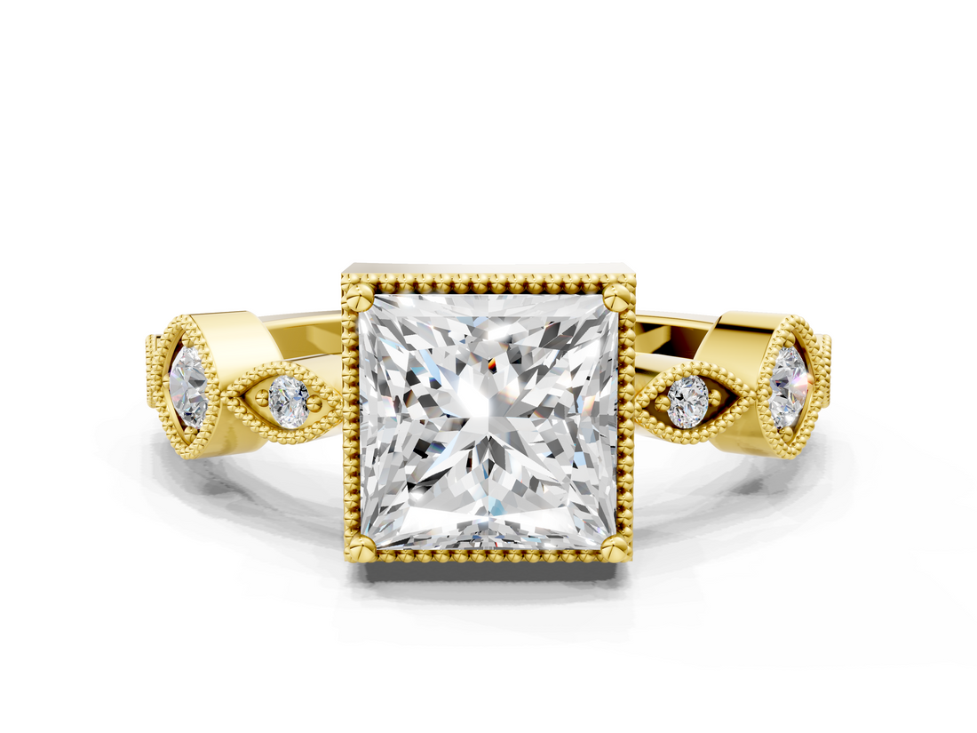 Yellow gold Princess Cut Diamond Milgrain Marquise Band with Prong Setting_3