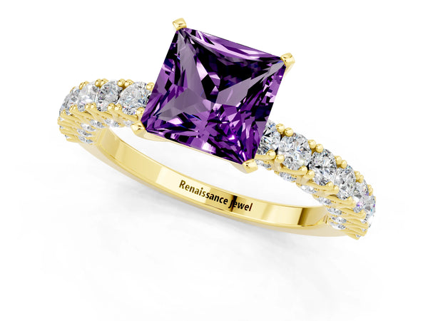 Yellow gold Princess Cut Amethyst Solitaire Ring with Round Accent Pavé Band and Prong Setting
