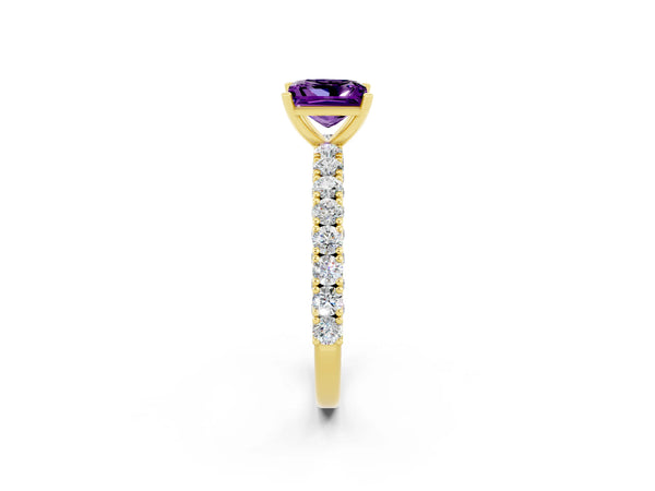 Yellow gold Princess Cut Amethyst Solitaire Ring with Round Accent Pavé Band and Prong Setting