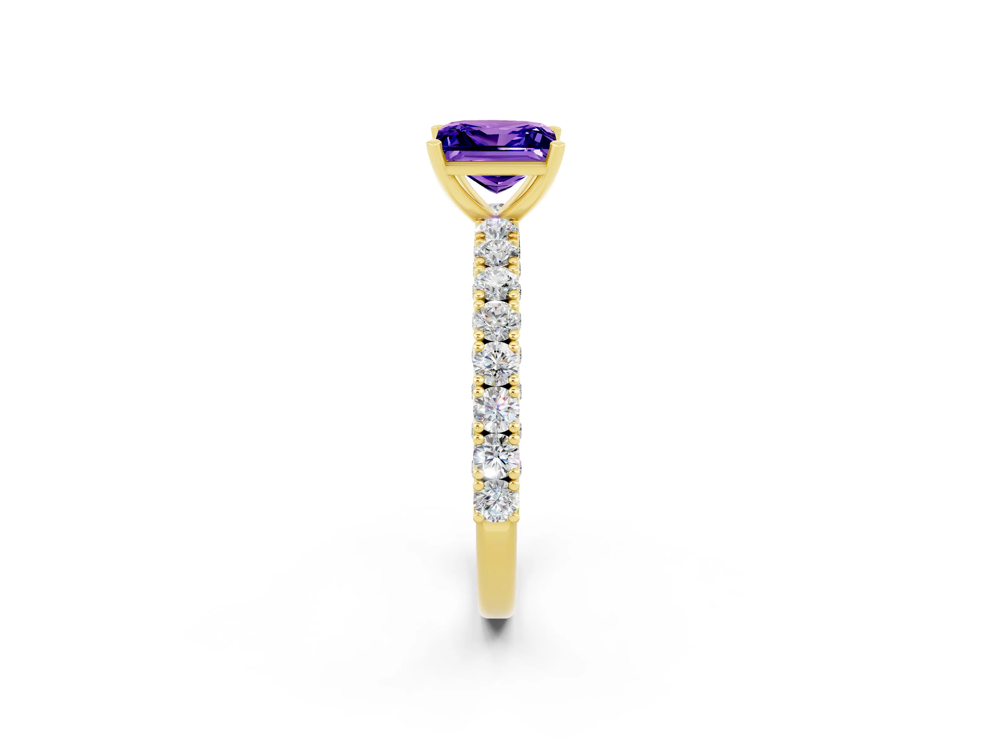 Yellow gold Princess Cut Diamond Pavé Band Solitaire Ring with Prong Setting_2