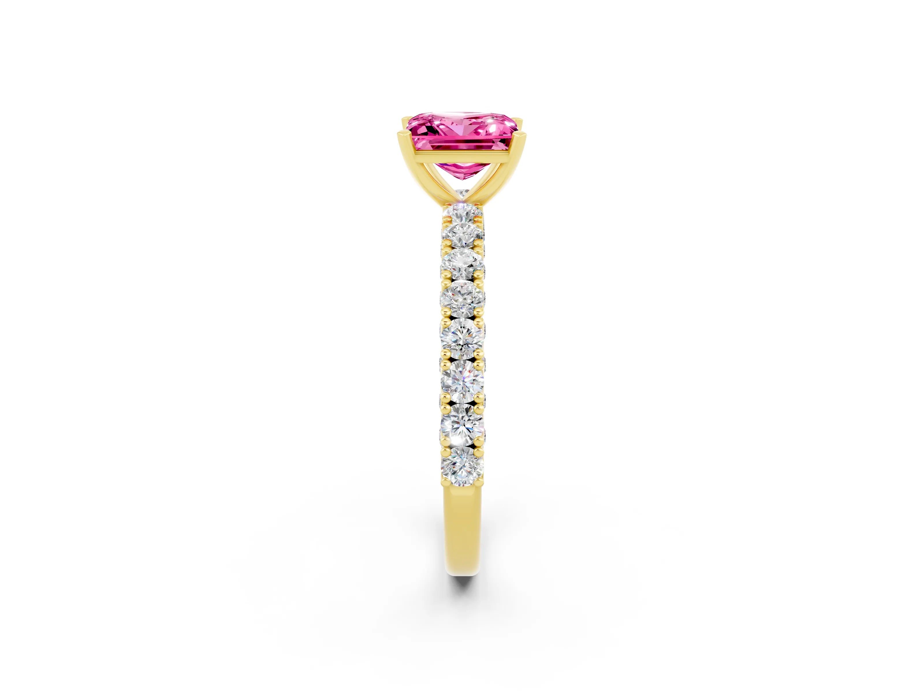 Yellow gold Princess Cut Diamond Pavé Band Solitaire Ring with Prong Setting_2