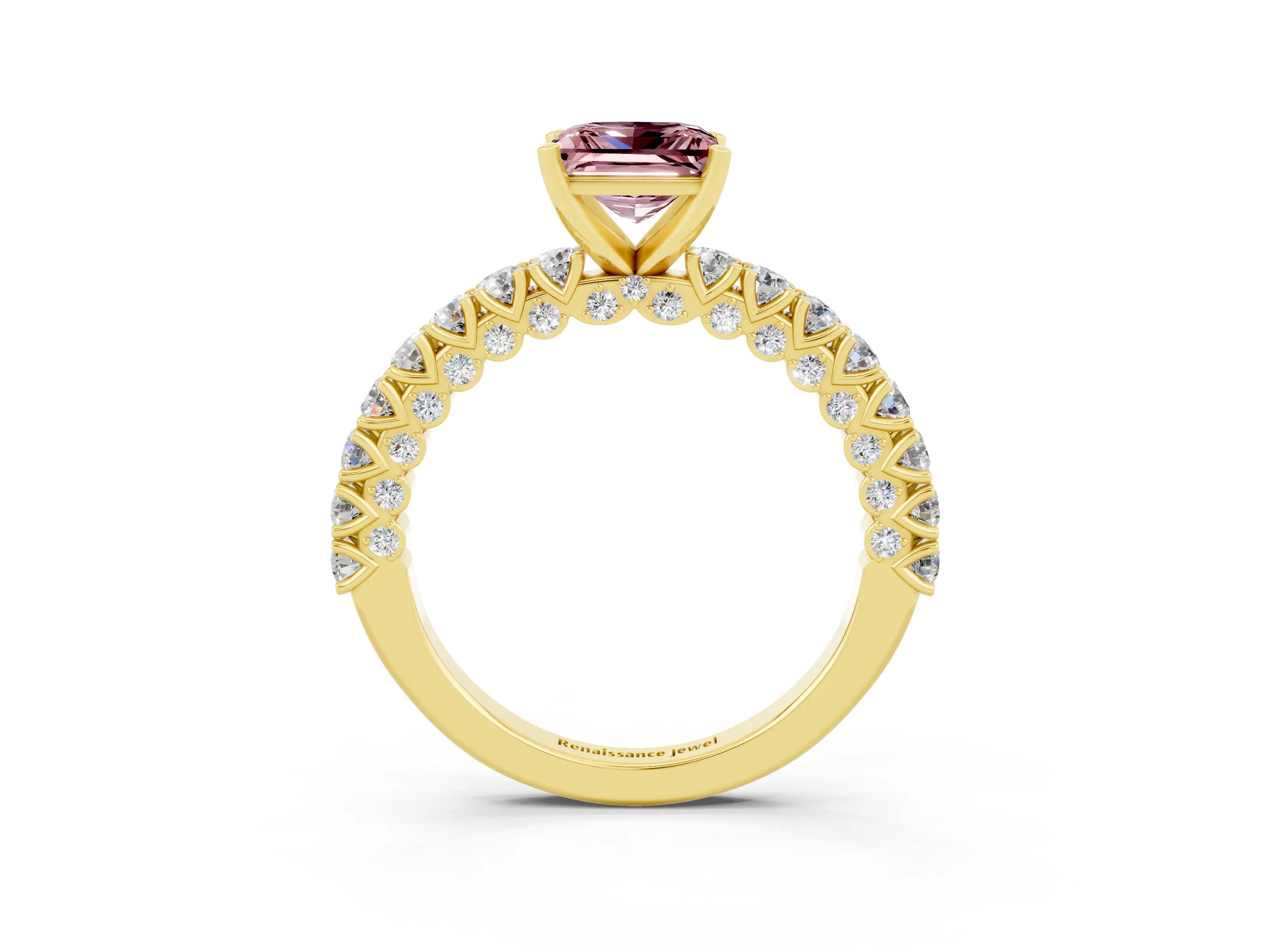 Yellow gold Princess Cut Diamond Pavé Band Solitaire Ring with Prong Setting_3