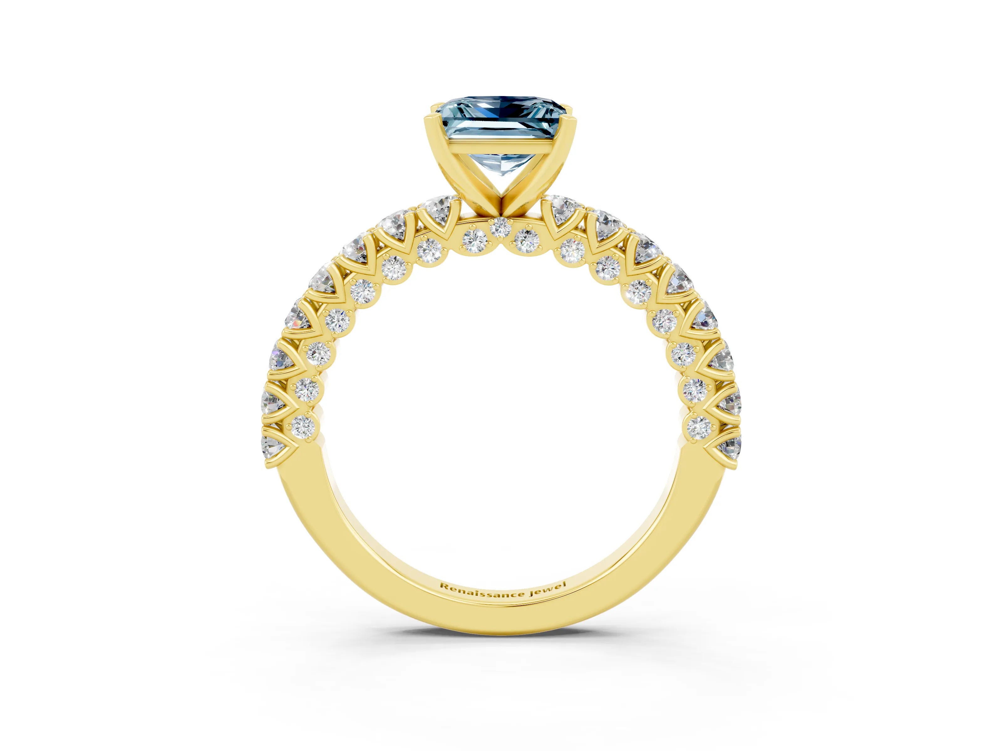 Yellow gold Princess Cut Diamond Pavé Band Solitaire Ring with Prong Setting_3