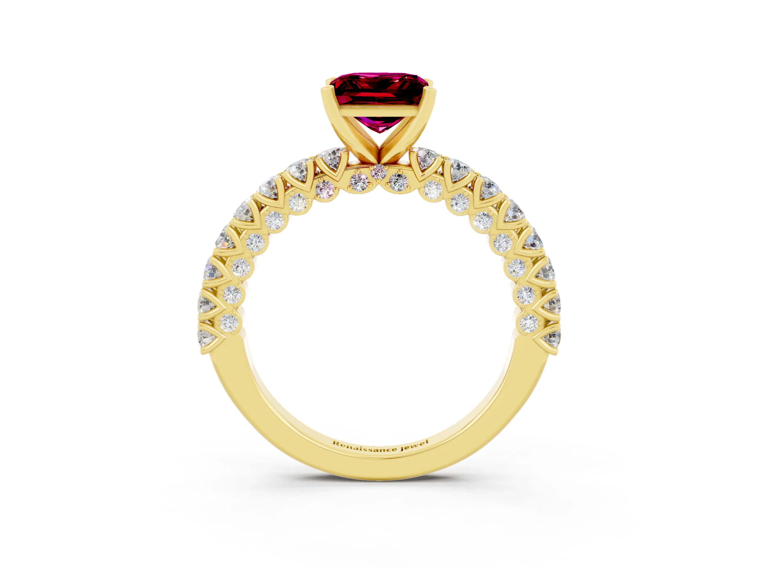 Yellow gold Princess Cut Diamond Pavé Band Solitaire Ring with Prong Setting_3