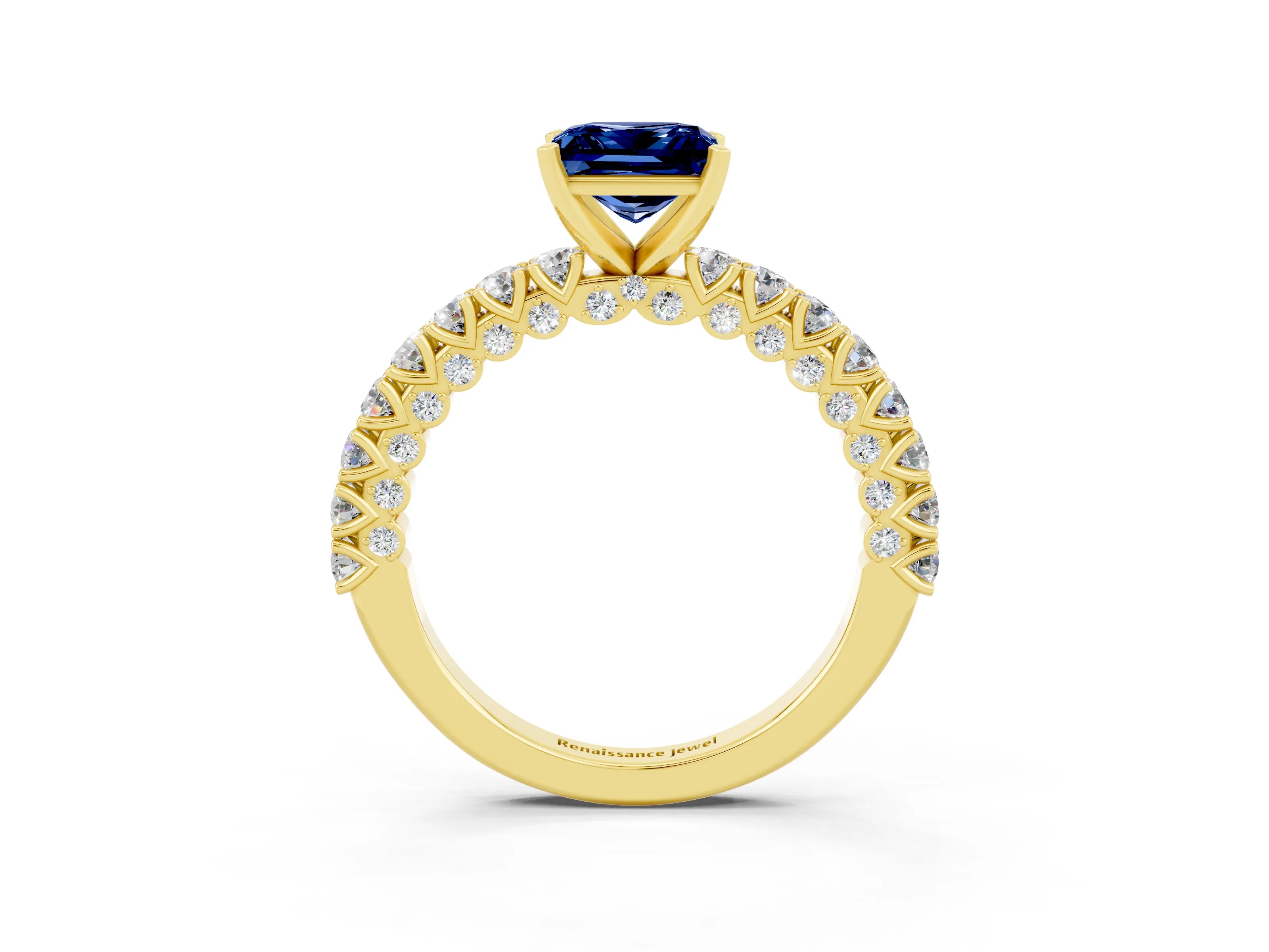 Yellow gold Princess Cut Diamond Pavé Band Solitaire Ring with Prong Setting_3