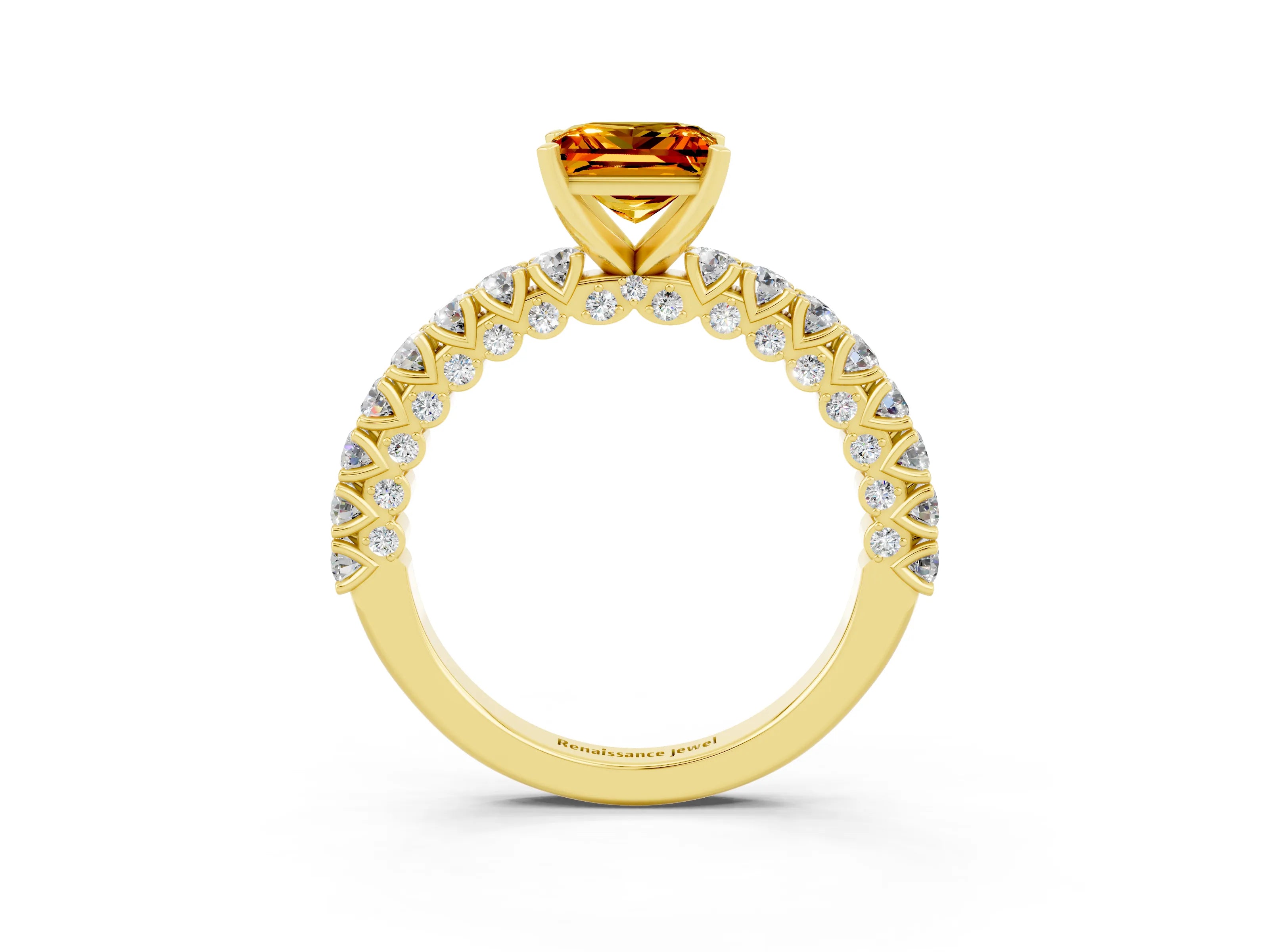 Yellow gold Princess Cut Diamond Pavé Band Solitaire Ring with Prong Setting_3