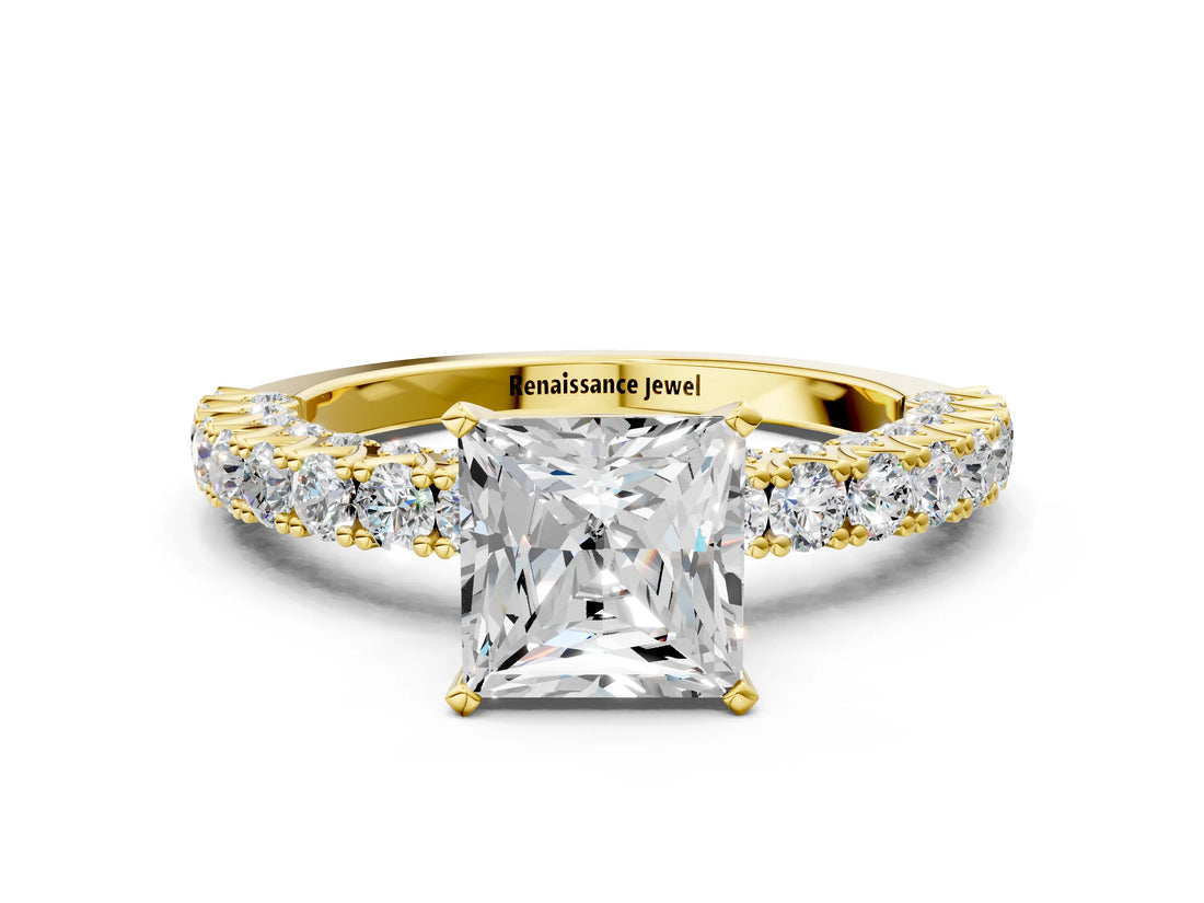 Yellow gold Princess Cut Diamond Pavé Band Solitaire Ring with Prong Setting_69