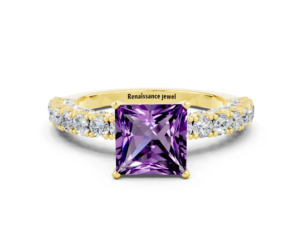 Yellow gold Princess Cut Amethyst Solitaire Ring with Round Accent Pavé Band and Prong Setting