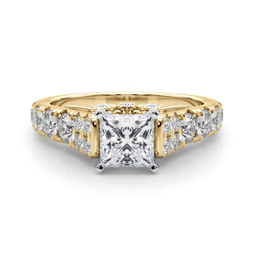 Yellow gold Princess Cut Diamond Pavé Band Solitaire with Four-Prong Setting 1