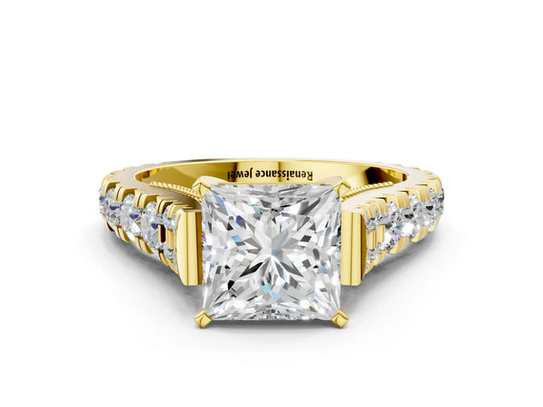 Yellow gold Princess Cut Diamond Classic Solitaire Ring with Pavé Band and Four-Prong Setting