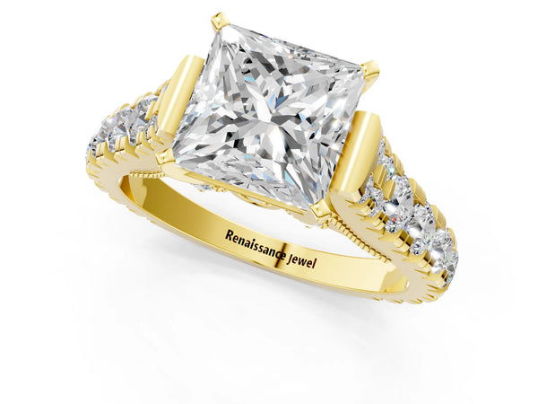 Yellow gold Princess Cut Diamond Classic Solitaire Ring with Pavé Band and Four-Prong Setting