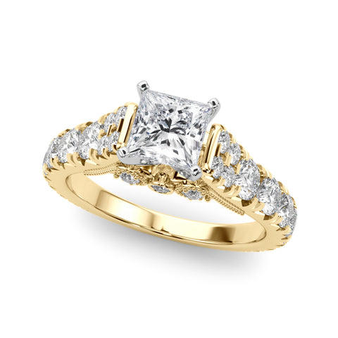 Yellow gold Princess Cut Diamond Pavé Band Solitaire with Four-Prong Setting