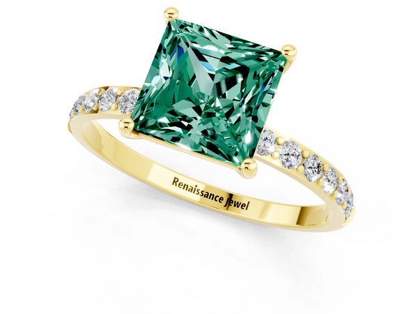 Yellow gold Princess Cut Green Sapphire Solitaire Ring with Round Pavé Shoulders and Prong Setting