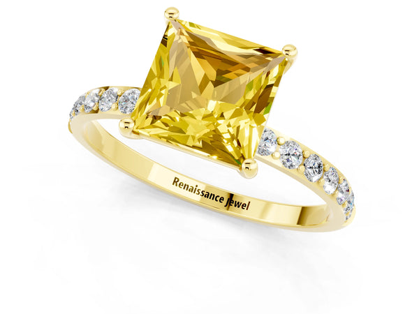 Yellow gold Princess Cut Yellow Sapphire Solitaire Ring with Round Pavé Shoulders and Prong Setting