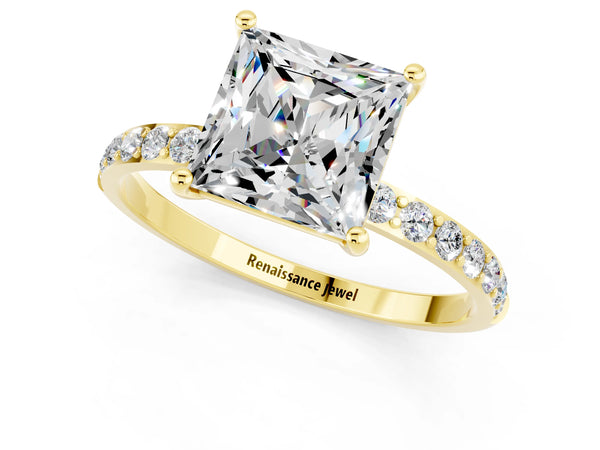 Yellow gold Princess Cut Moissanite Solitaire Ring with Round Pavé Shoulders and Prong Setting