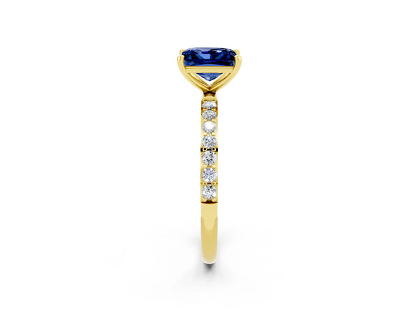 Yellow Gold Princess Cut Lab-Grown Blue Sapphire Solitaire Engagement Ring with Pave Shoulders